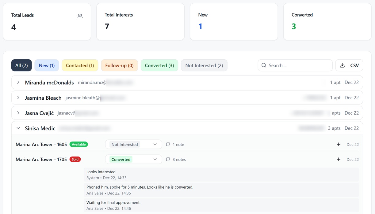 CRM-Lead-Management-Schnittstelle mit Kontaktverfolgung, Statusfiltern und Notizen