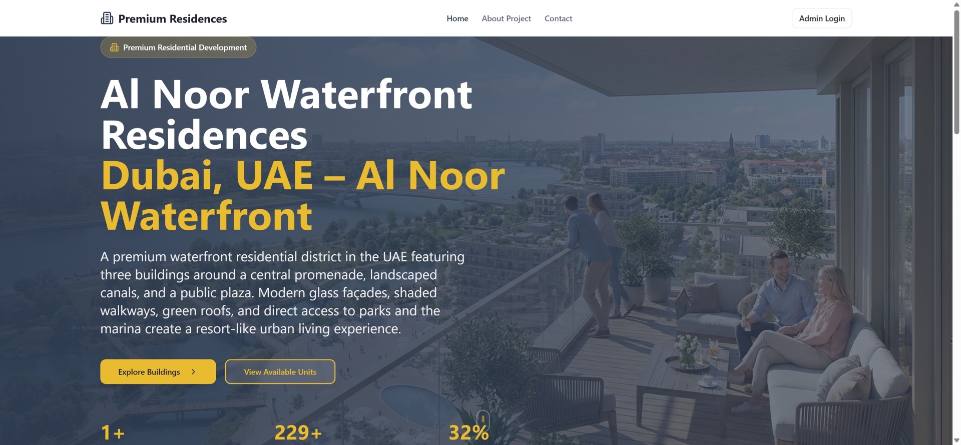 Premium-Landingpage für Wohnsiedlungen mit Präsentation von Immobilien am Wasser